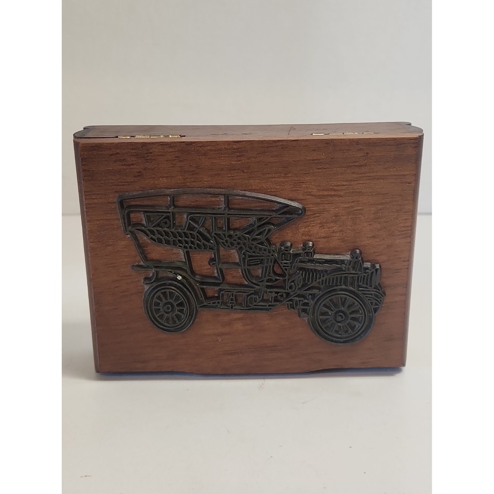 Vtg 1980s Emson Wooden Jewelry Box Classic Car Brass Emblem Valet Organizer Read